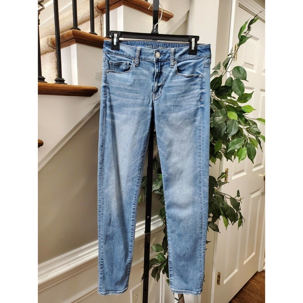 American Eagle Women Blue Denim Cotton Mid Rise Skinny Legs Stretch Jeans Pant 6